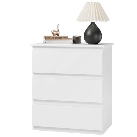 PRICES MAY VARY. 【Long-lasting Nightstand】Made with premium particleboards and high quality hardware, you can rest assured Bamjoy white nightstand can last hundred years after setting up. Featuring a glossy lacquer white finish and cut-out handle design, the 3 drawers run easily and smoothly. 【Not only a Nightstand】Bamjoy white nightstand expresses the clean lines and simplicity, thus it can not only can be used as a nightstand in bedroom, but also in your dressing room as a closetmaid drawer ch Small Bedroom Essentials, Small Drawer Ideas, Cute Night Stands, White Bedside Table Ideas, White Side Table Bedroom, Nightstand Amazon, Cute Nightstands, White Bed Side Table, Modern White Bedside Table