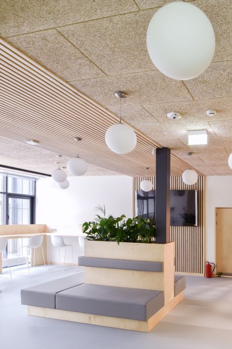 Very cozy and inviting relaxation area in a public space. Natural and sustainable wood wool ceilings ensure a warm and modern interior design. Acoustic ceiling panels from wood wool make the room feel more natural and authentic. Ceilings in the organic wood shade, big lounge chair and sofa, modern round chandeliers, and barcode design elements in the ceilings. Wood Panel Ceiling Office, Restaurant Ceiling Ideas, Curved Ceiling Design, Wood Wool Panels, Classroom Ceiling, Wood Ceiling Panels, Acoustic Ceiling Panels, Acoustic Ceiling, Ceiling Treatments