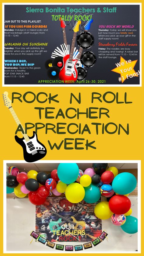 This year for teacher appreciation week, we decided on a Rock n’ Roll theme and had a lot of fun putting the week together. Our Teachers Rock Teacher Appreciation, Ap Appreciation Week Ideas, Teacher Appreciation Rock Star Theme, Our School Rocks Theme, Decades Teacher Appreciation Week, Rockstar Teacher Appreciation, Teacher Appreciation Themes Ideas, January Staff Appreciation Ideas, Middle School Teacher Appreciation Week