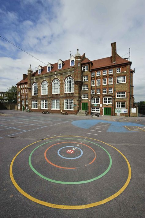 Woodhill Primary School, 1882-3. E. R. Robson, architect to the London School Board, perhaps with T. J. Bailey. Photograph by Derek Kendall, 2010. Primary School Asthetics, Primary School Aesthetic, Primary School Nostalgia, British Primary School, London Film School, Primary School Playground, British Primary School Nostalgia, Victorian School, School Nostalgia