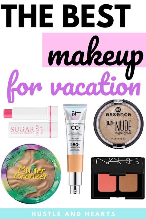 Need some recommendations on what makeup to pack for vacation? In this post you'll find all my top picks for vacation makeup. From the perfect sweat proof foundation to the best mascara, you're going to love all of these vacation makeup products. Not to mention, all of these products are simple and will give you a natural makeup look that won't take a lot of time. Check out these makeup vacation travel tips to ensure you're properly packed for your next trip Simple Vacation Makeup, Vacation Makeup Looks, Makeup Packing List, Sweat Proof Foundation, Vacation Makeup, Pack For Vacation, Butter Bronzer, Makeup Bag Essentials, Natural Makeup Look