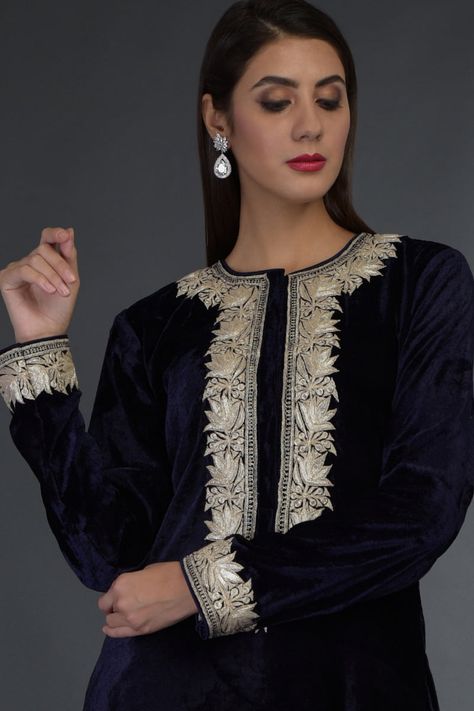 Product Zoom Midnight Blue Suit, Embroidery Suits Punjabi, Hand Embroidery Dress, Nikkah Dress, Velvet Suit, Embroidery Neck Designs, Kurta Designs Women, Indian Bridal Wear, Embroidery Suits