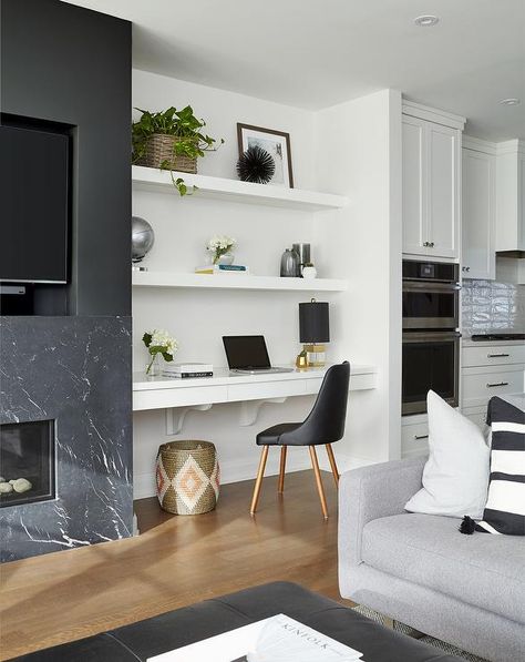 Built In Floating Desk Next to Black Marble Fireplace Mantel - Contemporary - Living Room Floating Shelves Living Room, White Floating Shelves, Fireplace Built Ins, Living Room And Kitchen, Desk In Living Room, Built In Desk, Family Room Design, Built In Shelves, Living Room With Fireplace