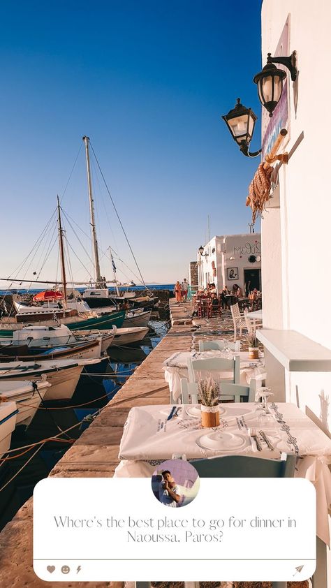 Seafront restaurant with boats in the fore and background. 10 Days In Greece, Naoussa Paros, Greece Honeymoon, Greek Vacation, Greece Itinerary, Paros Greece, Mykonos Town, Most Romantic Places, Perfect 10