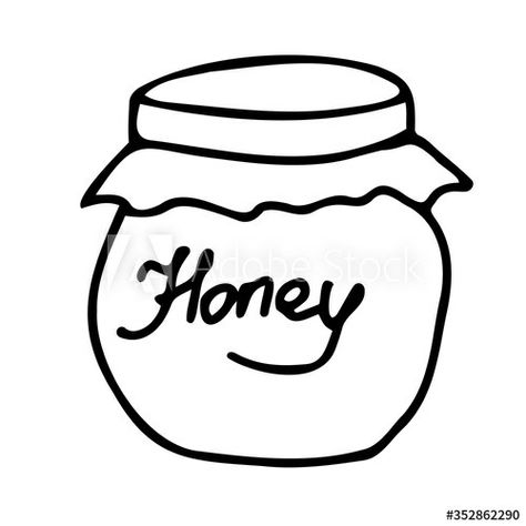 Hand drawing jar of honey. Simple minimal picture with lettering honey. For greeting cards,children coloring book and seasonal design. Stock Doodle vector illustration isolated on white Pot Of Honey Drawing, Honeypot Drawing, How To Draw Honey, Honey Drawing Simple, Jar Of Honey Drawing, Honey Pot Tattoo Simple, Honey Bee Drawing Simple, Honey Jar Illustration, Honey Jar Drawing