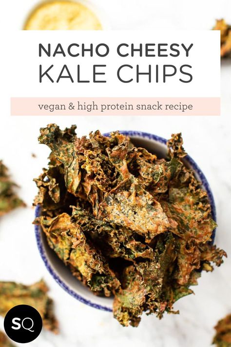 Do you love savory snacks? Then you gotta try this Healthy Kale Chips with vegan nacho sauce! For this version, I use kale chips that are tossed and baked with delicious nutritional yeast queso. These cheesy kale chips are packed with flavor, high protein, and healthy fats! They are vegan, healthy and they make a pretty darn amazing snack! Crunchy and salty, they’re just perfect! Healthy Kale Chips with a Twist | Vegan Snack Ideas | Simply Quinoa Dinosaur Kale Chips, Kale Snacks, Healthy Kale Chips, Vegan Snack Ideas, Dehydrated Recipes, Cheesy Kale Chips, High Protein Snack Recipes, Kale Chip, Kale Chips Recipe