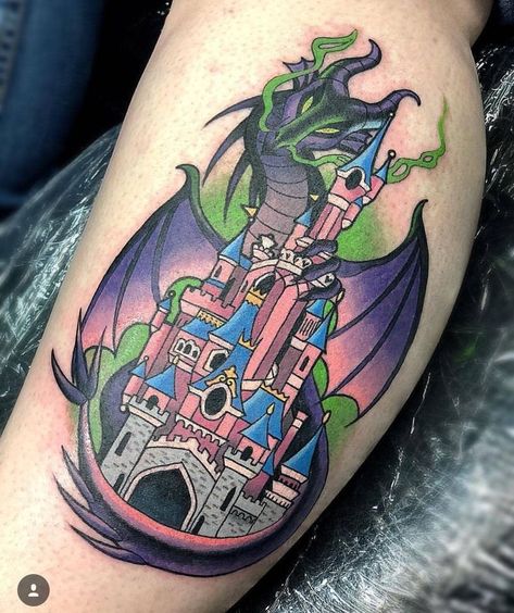 Castle and Dragon Sleeping Beauty And Maleficent Tattoo, Maleficent And Dragon Tattoo, Maleficent Castle Tattoo, Princess Castle Tattoo, Sleeping Beauty Castle Tattoo, Dragon And Castle Tattoo, Disney Villain Tattoo Sleeve, Maleficent Dragon Tattoo, Sleeping Beauty Tattoo