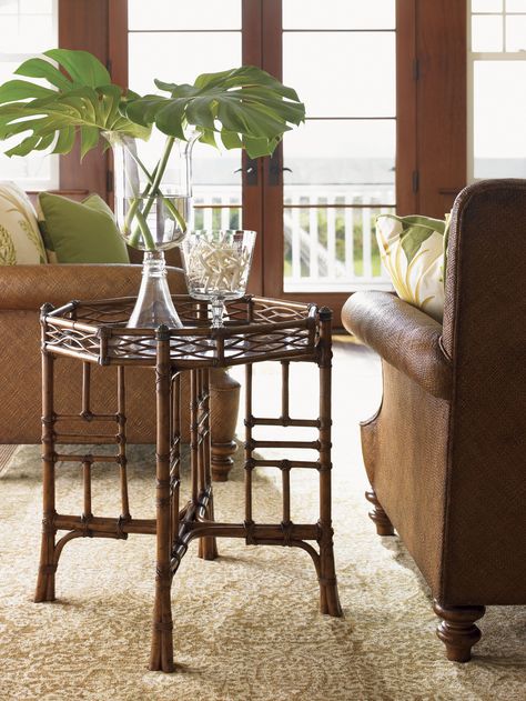 Key Largo End Table | Lexington Home Brands Formal Dining Room Furniture, Formal Dining Room Sets, Tropical Living Room, Sangria Red, British Colonial Decor, Tommy Bahama Home, Tropical Living, Leather Binding, Lexington Home