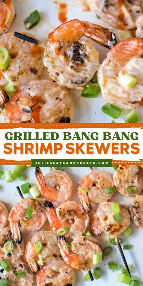 Add these Grilled Bang Bang Shrimp Skewers to your Spring grilling ideas! These shrimp skewers are grilled and covered in a spicy, creamy, sweet chili sauce. They also make a great addition to your Memorial Day party food! Summer Barbeque Party, Best Grilled Shrimp Recipe, Easy Grilled Shrimp Recipes, Shrimp Skewer Recipes, Shrimp Kabobs, Grilled Shrimp Skewers, Summer Barbeque, Barbeque Party, Bang Bang Shrimp