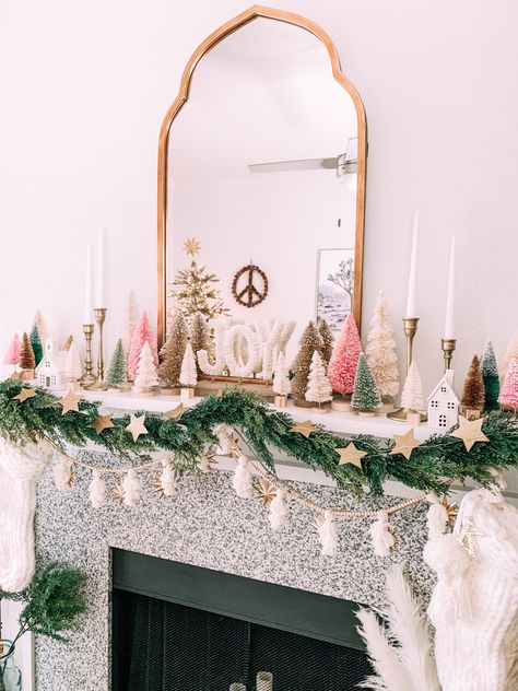 Dresser Decor Christmas, Modern Christmas Mantel, Pink Christmas Mantle Decor, Boho Christmas Mantle Decor, Boho Christmas Mantle, Girly Christmas Aesthetic, Girly Christmas Decor, Anthropologie Christmas Decor, Christmas Mantle Ideas