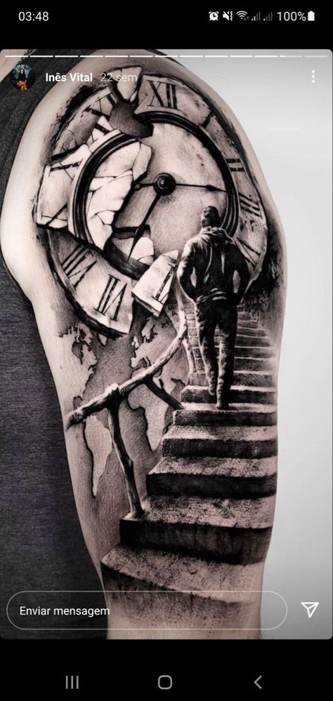 Stairs Tattoo Design For Men, Clock And Stairs Tattoo Design, Stairs Tattoo Design, Tattoo Tempo, Clock Tattoo Design For Men, Staircase Tattoo, Stairs Tattoo, Stairs To Heaven Tattoo, Time Clock Tattoo