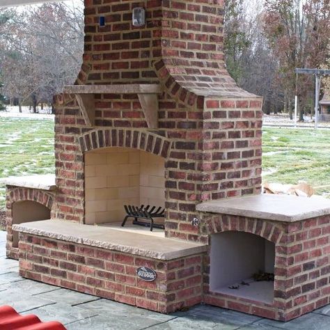 Outdoor Fireplace Brick, Outdoor Stone Fireplaces, Standing Fireplace, Outside Fireplace, Diy Outdoor Fireplace, Patio Remodel, Exterior Fireplace, Outdoor Fireplace Designs, Outdoor Fireplace Patio