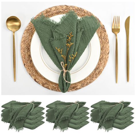 PRICES MAY VARY. Cloth Napkins Package: you will receive handmade cloth napkins with fringe set of 12, each piece is 16"x16". Olive green cloth napkins can nicely matched with the well-appointed venue, adding a rustic and vintage look to your dinner table. Premium Material: quality cotton, natural fiber, handmade, More soft, with good moisture absorption and heat resistance. Hand-dyed from natural material, Not easy to fade, odorless, Good choice for all kinds of large events, like hotel napkins Green Cloth Napkins, Fall Wedding Tablescapes, Green Table Settings, Rustic Dinner, Wedding Party Dinner, Dinner Party Table Settings, Olive Green Weddings, Outdoor Dinner Parties, Linen Dinner Napkins