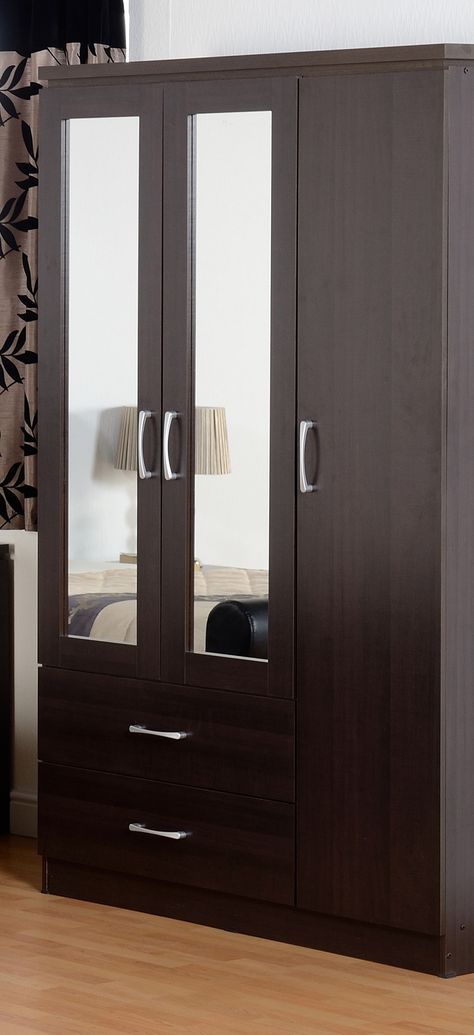 Three door wardrobe with double mirror Double Door Wardrobe Design Bedroom, 3door Wardrobe Design, Wardrobe Design With Mirror, 3 Door Wardrobe Design, Apartment Furniture Layout, Three Door Wardrobe, Wall Wardrobe Design, Wooden Wardrobe Design, Almirah Designs