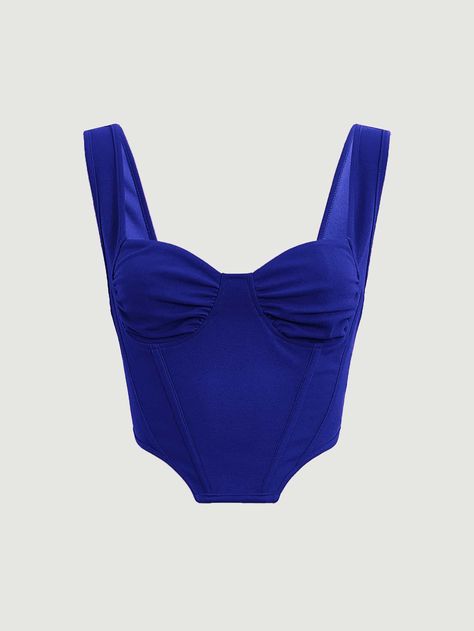 Royal Blue Casual Collar  Knitted Fabric Plain Wide Strap Embellished Slight Stretch  Women Clothing Royal Blue Clothes, Corset Azul, Tops Azul, Royal Blue Tops, Dark Blue Top, Top Azul, Royal Blue Top, Looks Jeans, Blue Clothing