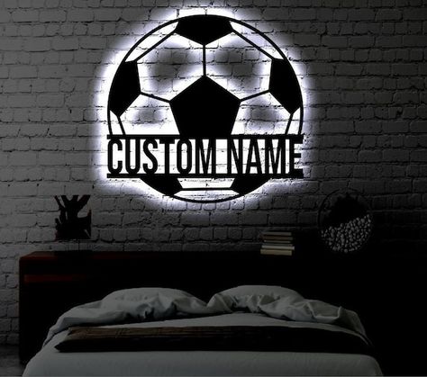 Personalized Soccer LED Metal Art Sign / Light up Soccer Ball - Etsy Soccer Themed Room, Soccer Themed Bedroom, Soccer Bedroom, Soccer Room, Soccer Decor, Soccer Wall Art, Soccer Art, Football Wall Art, Football Wall