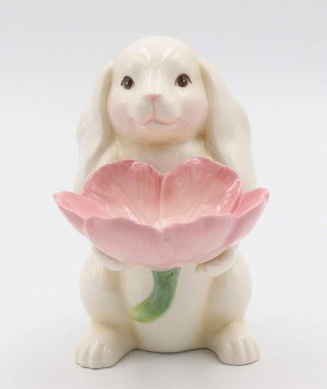 PRICES MAY VARY. Fine Ceramic Bunny Rabbit Holding Flowers Candy Candle Plate Figurine, Hand Painted Candy Candle, Candy Flowers, Ceramic Bunny, Bunny Figurine, Pink Easter, Easter Bunny Rabbit, Fine Ceramic, Ceramic Animals, White Rabbit