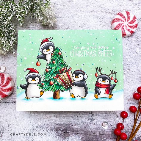 Christmas Cards Drawing, Cute Christmas Cards, Ideas Navideñas, Penguin Christmas, Climb Trees, Mft Cards, Christmas Card Art, Card Drawing, Mft Stamps