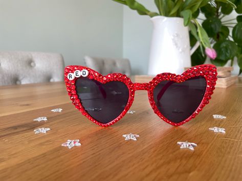 Taylor Swift Diy Sunglasses, Eras Tour Glasses, Swiftie Party, Diy Sunglasses, Taylor Swift Costume, Beaded Sunglasses, Red Era, York England, Red Glasses