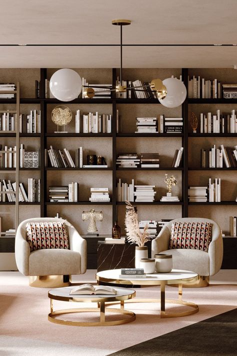 Wall Library, Shelving Design, Wooden Sideboard, Beige Sofa, Table Round, Leather Armchair, Contemporary Living, Black Marble, Round Table