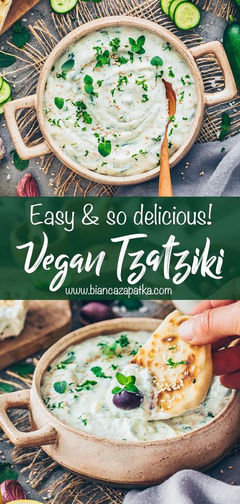 Vegan Tzatziki Sauce Recipe Tziki Sauce Recipe, Falafel Sauce Recipe, Vegan Tzatziki Sauce, Vegan Greek Recipes, Vegan Dip Recipes, Dip Vegan, Tzatziki Sauce Recipe, Vegan Dips, Low Calorie Vegetables