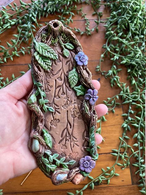 Excited to share this item from my #etsy shop: Hand made Smudge / faux wood incense holder with purple flowers Crystal Incense Holder, Witchy Incense Holder, Cute Insence Holder, Insence Holder Diy Clay, Inscent Holder Diy, Clay Crystal Holder, Clay Incense Holder Diy, Polymer Clay Incense Holder, Air Dry Clay Incense Holder