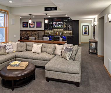 Collins sectional Transitional Basement Ideas, Basement With Bar, Rec Room Remodel, Transitional Basement, Basement Rec Room, Basement Remodel Ideas, Rec Rooms, Table Behind Couch, Dream Basement