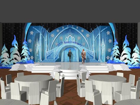 Stage Design - Birthday Stage - Frozen Theme | 2017 Frozen Stage Decorations, Frozen The Musical Set Design, Frozen Stage Design, Nutcracker Set Design, Frozen Jr Musical Set Design, Balloon Decorations Entrance, Frozen Set Design, Black Balloon Decorations, Frozen Jr Set Design