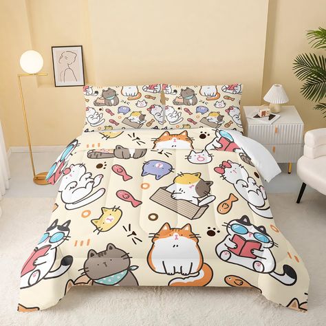 PRICES MAY VARY. 【Kawaii Cat Comforter Set】:Kawaii Cat bedding set for kids.Twin size comes with 1 comforter(67" x 85") and 2 pillowcases(20”x30”). Full size comes with 1 comforter(80”x90”) and 2 pillowcases(20”x30”). Queen size comes with 1 comforter(90" x 90") and 2 pillowcases(20”x30”).THE SHEETS ARE NOT INCLUDED! 【Unique Kawaii Cat Design】：Kawaii Cat comforter create additional bedtime fun and add colorful looking to your bedroom,make your bedroom,stylish and elegant, luxury chic design, gre Animal Print Bedding, Vintage Duvet, 3d Bedding Sets, Chat Kawaii, 3d Sheets, 3d Bedding, Orange Bedding, Types Of Beds, Comforter Cover