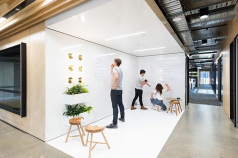 writable walls - office - meeting space - collaboration - whiteboard wall Coworking Space Design, Whiteboard Wall, Innovative Office, Commercial And Office Architecture, Cool Office Space, Corporate Office Design, South Melbourne, Australian Interior Design, Meeting Space