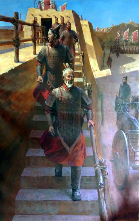 General Lian Po and Zhao Kuo inspecting a fortified defence at the Battle of Changping against the State of Zhao, Warring States Period, Ancient China Chinese Warrior, Warring States Period, Terracotta Warriors, Ancient Warfare, Historical Artwork, Medieval World, Asian History, Chinese History, China Art