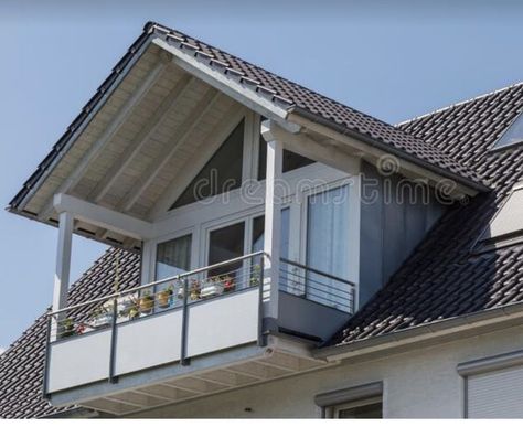 Dormer Window Balcony, Attic Balcony Terraces, Garage With Balcony On Top, Dormer Balcony Ideas, Attic Balcony Ideas, Dormer With Balcony, Dormer Balcony, Attic Balcony, Roof Balcony