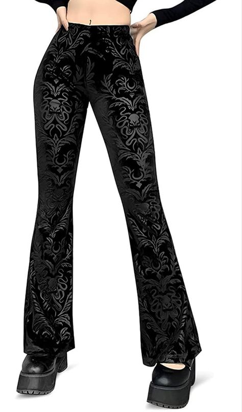 Velvety long pants with print #witchything #witchyvibes #fashion #pants #bkackpants #velvet #widelegpants #witchypants #trousers #darkwitch #witchaesthetic #darkaesthetics #witchcraft Gothic Pants, Amazon Clothing, Velvet Flare Pants, White Top Women, Velvet Flares, Classic Blouses, Vintage Pants, Gothic Outfits, Bell Bottom