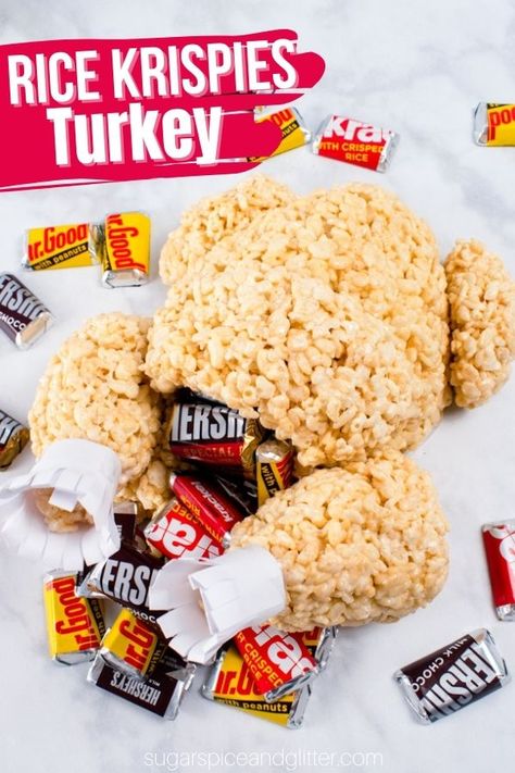 A fun no-bake Thanksgiving dessert that even the pickiest eater will love, this Rice Krispie Turkey is a fun food craft project to make with the kids or just surprise them on Thanksgiving Day with it! Rice Krispie Thanksgiving Ideas, Rice Krispie Turkey With Candy Stuffing, Rice Crispy Treat Turkey Leg, Oatmeal Cream Pie Turkey Craft, Turkey Candy Crafts, Rice Krispie Treat Turkey, Rice Krispie Turkey, Turkey Rice Krispie Treats, Turkey Desserts