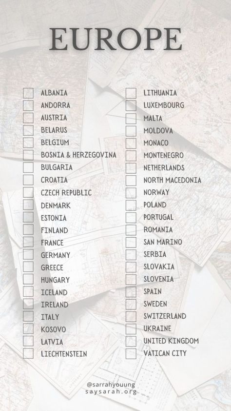 Travel Country List, Europe Travel Checklist, Out Of Country Travel, List Of European Countries, Country Checklist, Europe Checklist, Countries To Visit Bucket Lists, Bucket List Countries To Visit, Traveling Out Of The Country Checklist