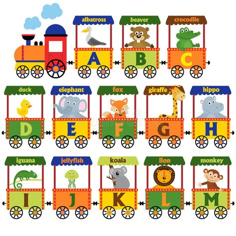 Train alphabet with animals A to M. Vector illustration, eps royalty free illustration Alphabet Train Printable, Writing Practice Kindergarten, Alphabet With Animals, Trains Preschool, Train Clipart, Train Vector, Alphabet Train, Train Drawing, Animal Puzzle