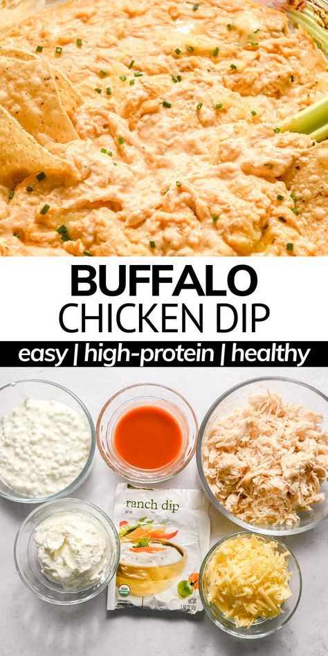 Healthy Chicken Buffalo Dip, Chicken Dip Without Cream Cheese, Yogurt Buffalo Chicken Dip, High Protein Buffalo Chicken Dip, Protein Buffalo Chicken Dip, High Protein Buffalo Chicken, Healthy Buffalo Chicken Dip, Cottage Cheese Recipes Healthy, Chicken Dip Recipe