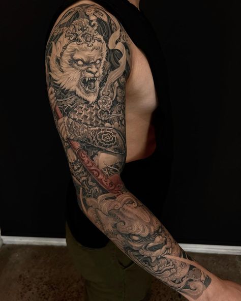 Chinese Tattoo Symbols On Arm, Monkey King Sleeve Tattoo, Mongol Warrior Tattoo, Monkey Japanese Tattoo, Japanese Dragon Sleeve Tattoos, Chinese Horse Tattoo, Japanese Monkey Tattoo, Qilin Tattoo, Wukong Tattoo