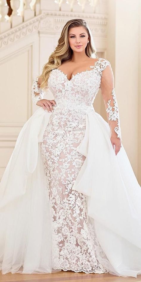 33 Plus-Size Wedding Dresses: A Jaw-Dropping Guide ❤️ plus size wedding dresses sheath with illusion long sleeves lace overskirt martin thornburg #weddingforward #wedding #bride Detachable Train Wedding Dress, Plus Size Bridal Dresses, Plus Wedding Dresses, Wedding Dress Plus Size, Long Sleeve Bridal Gown, Plus Size Wedding Dresses, Plus Size Wedding Gowns, Curvy Bride, Plus Size Gowns