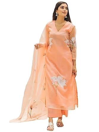 Organza Kurta Set, Organza Kurti, Organza Kurta, Kurtas For Women, Peach Colour, Organza Sleeves, Kurti Set, Women Kurta, Kurta With Pants