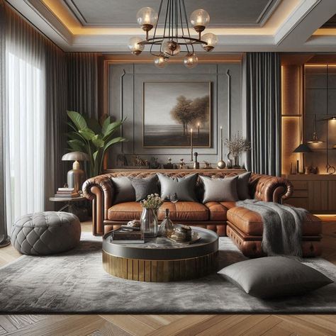 Grey and Brown Living Room Luxurious Leather Sofa Brown Leather Sofa Formal Living Room, Family Room With Leather Sofa, Light Gray And Brown Living Room, Brown And Grey Decor, Leather Couch Grey Walls, Grey And Brown Interior, Gold Brown Living Room, Mixing Leather Furniture Colors, Gray And Brown Living Room Ideas