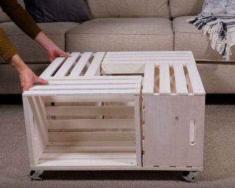 How to turn 4 wood crates into 1 chic coffee table Wooden Crates Desk, Wood Crate Table, Wooden Crates Projects, Diy Crate Coffee Table, Wood Crate Coffee Table, Crate Ottoman, Wooden Crate Shelves, Crate Desk, Crate Bench