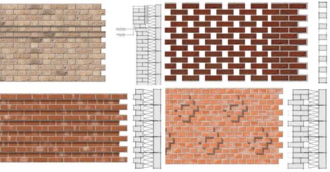 Brick Wall Architecture Facades, Brick Bonds Patterns, Brick Facade Pattern, Brick Design Pattern, Brick Wall Facade, Brick Wall Architecture, Brick Types, Brickwork Pattern, Brick Wall Detail