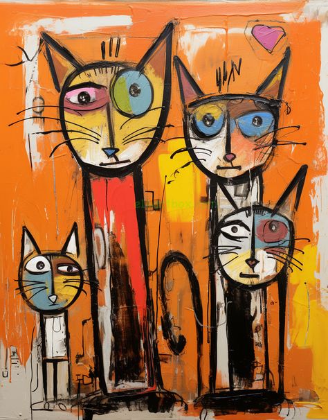 This artwork depicts four abstract cats with elongated bodies and large, colorful eyes. The background is predominantly orange with white and yellow accents. The cats have varied facial expressions and are outlined in black with whimsical, childlike features. One cat has a heart above its head. Cats Digital Art, Diy Wood Frame, Modern Cat Art, Pop Art Cat, Cat Collage, Abstract Cat, Collage Techniques, Painting Accessories, Cat Artwork