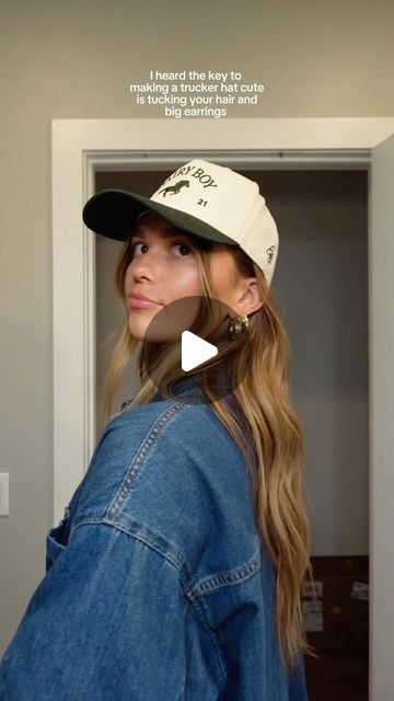 Leslie Catherine on Instagram: "I’m kind of obsessed with trucker hats right now🤭" Trucker Hat Hairstyles, Cute Trucker Hat, Down Hairstyle, Hat Hair, Big Earrings, Fit Inspo, Hair Styling, Hat Hairstyles, Fitness Inspo