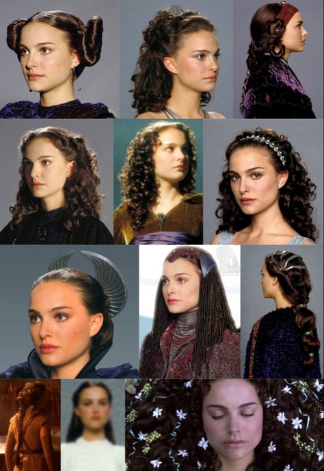 Padme Amidala Queen Outfits, Padme Curly Hair, Starwars Inspired Hairstyles, Padme Costume Hair, Padme Amidala Headpiece, Princess Leia Inspired Hair, Padme Amidala Outfits Inspired, Dune Hairstyle, Star Wars Hairstyles Padme