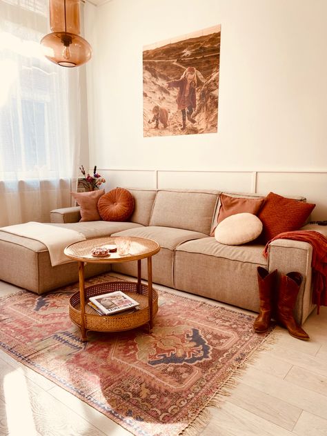 Taupe And Orange Living Room, Tera Cotta Living Room, Beige And Terracotta Living Room, Rust And Cream Living Room, Sandstone Living Room, Terracotta Couch, Blush Couch, Terra Cotta Living Room, Terracotta Living Room