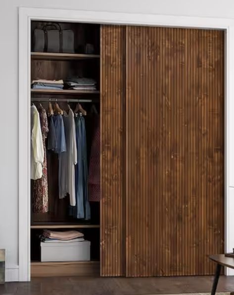 walnut 84 in. x 80 in. Japanese Series Pre Assemble Walnut Stained Solid Wood Interior Double Sliding Closet Doors Wood Panel Closet Doors, Double Sliding Closet Door Ideas, Sliding Closet Doors Makeover Diy, Wooden Closet Doors, Modern Closet Doors Sliding, Walnut Closet, Closet Sliding Doors, Wood Sliding Closet Doors, Modern Closet Doors