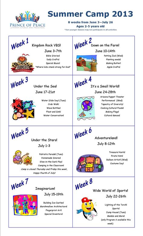 summer camp calendar 2013 - I love this idea to devote a week to different themes Summer School Themes, Summer Daycare, Preschool Summer Camp, Summer Camp Themes, Daycare Themes, Summer Day Camp, Summer Camp Activities, Summer Schedule, Summer Preschool