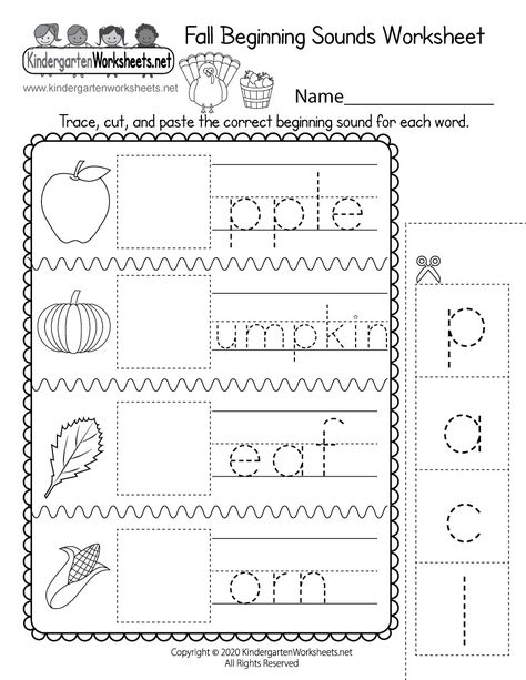 Fall words are missing letters! In this free autumn-themed phonics worksheet, kids are asked to cut and paste the correct beginning sound for each fall-related word and then trace the letters. This printable activity covers the following fall-related words: apple, pumpkin, leaf, and corn. Fall Phonics Activities Kindergarten, Phonics Practice Kindergarten, Fall Worksheets For Preschool Free Printables Autumn, Fall Lesson Plans For Preschool, Kindergarten Language Worksheets, Spelling Worksheets Kindergarten, Thanksgiving Worksheets Kindergarten, Kindergarten Fall Worksheets, Halloween Worksheets Kindergarten